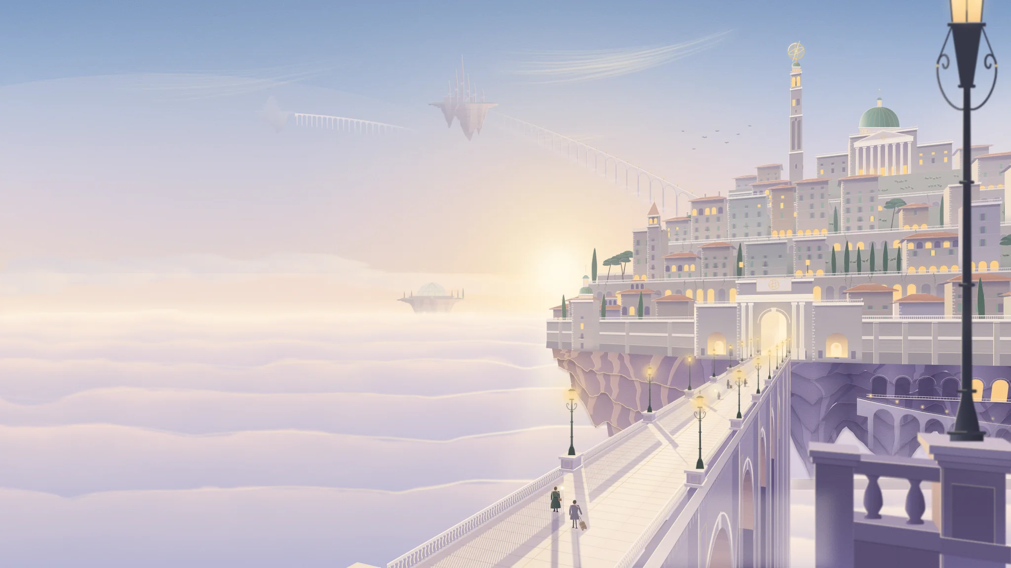 A long bridge over a sea of clouds leads to a lit city in the sky, the illustration that opens Crossroads.