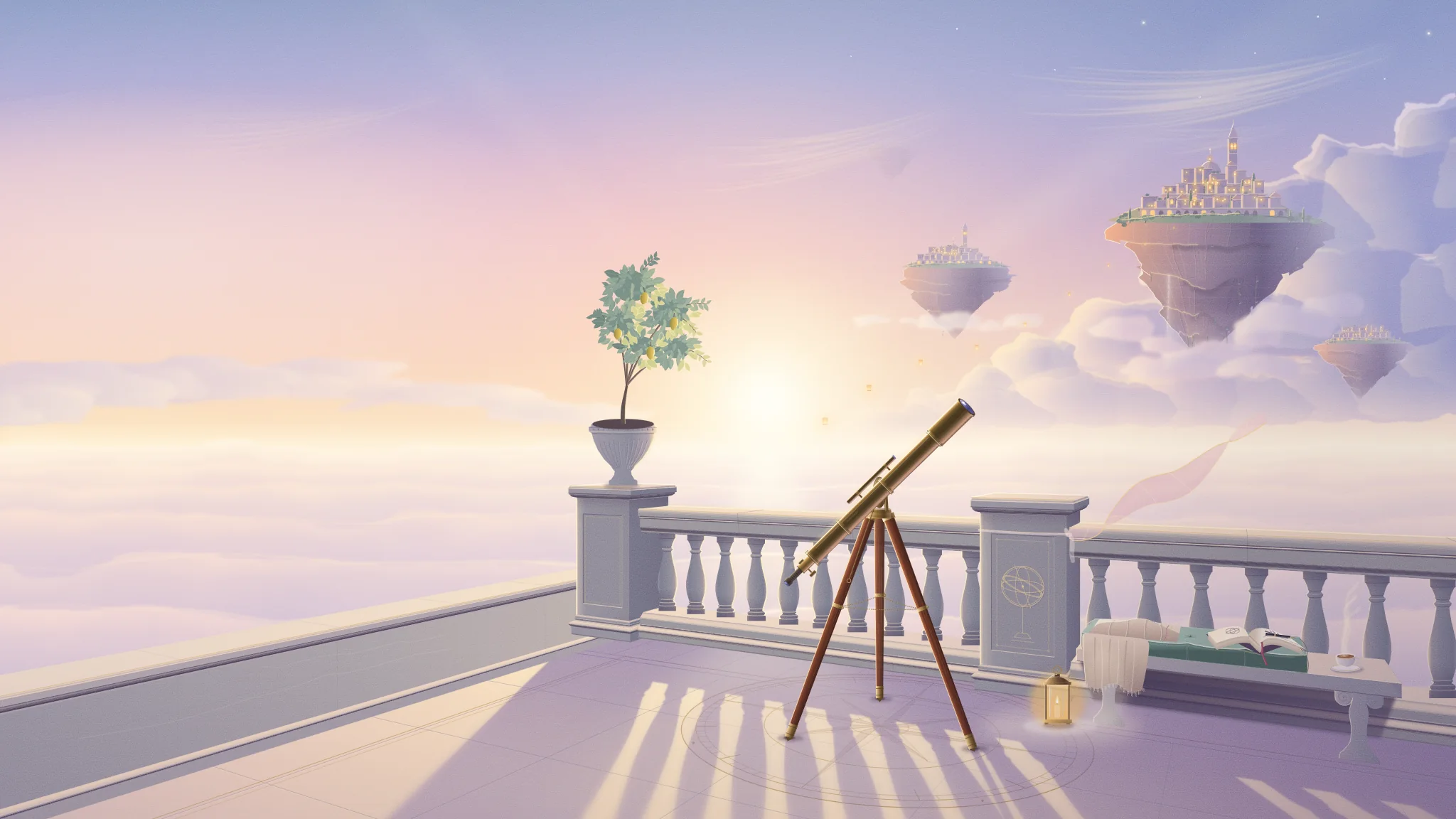 A brass telescope on a terrace at dusk, turned towards floating islands lit above a sea of clouds.